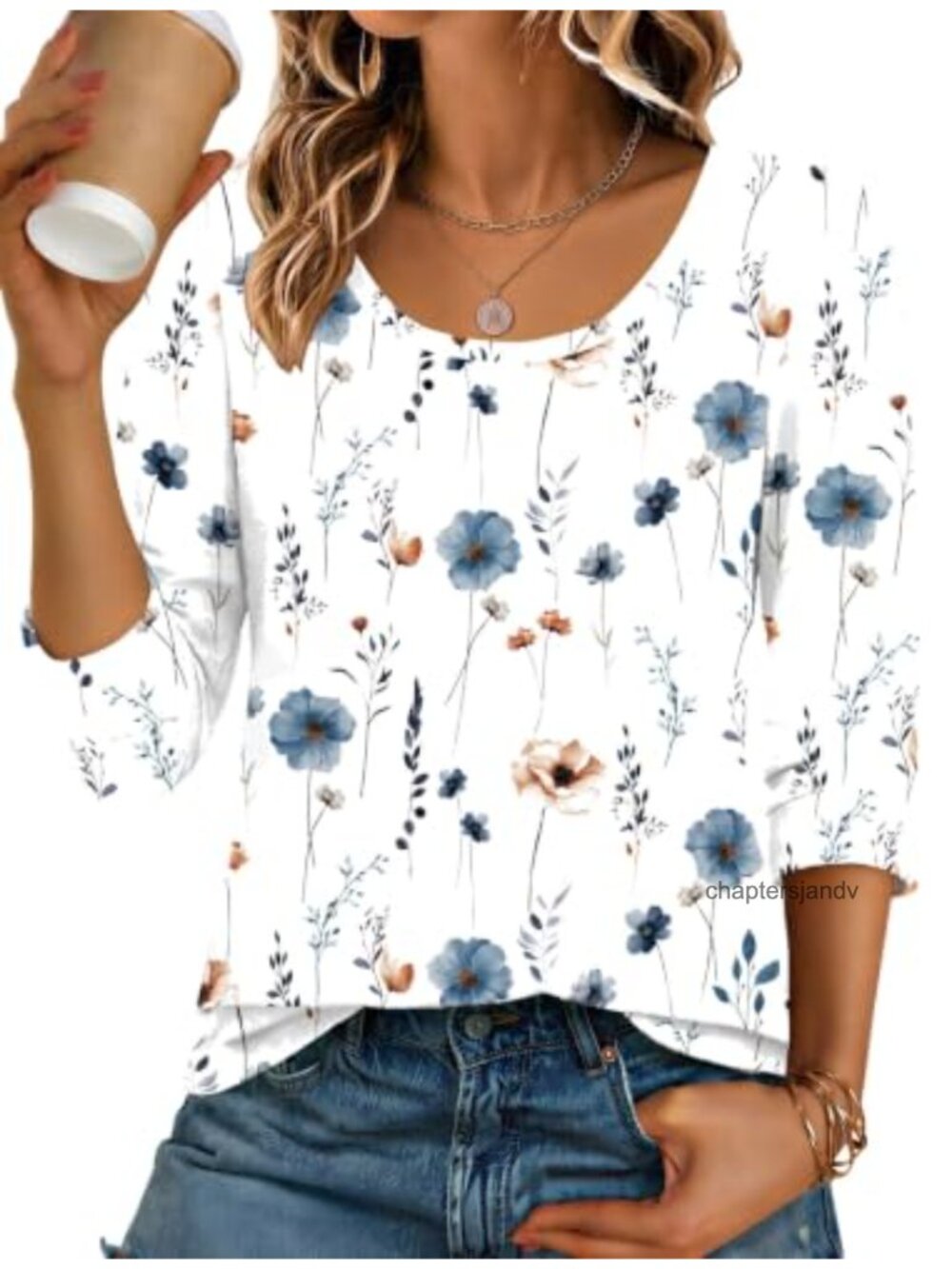 Women's 3/4 Sleeve Scoop Neck T-Shirt Casual Basic Tee Floral Polyester Spandex